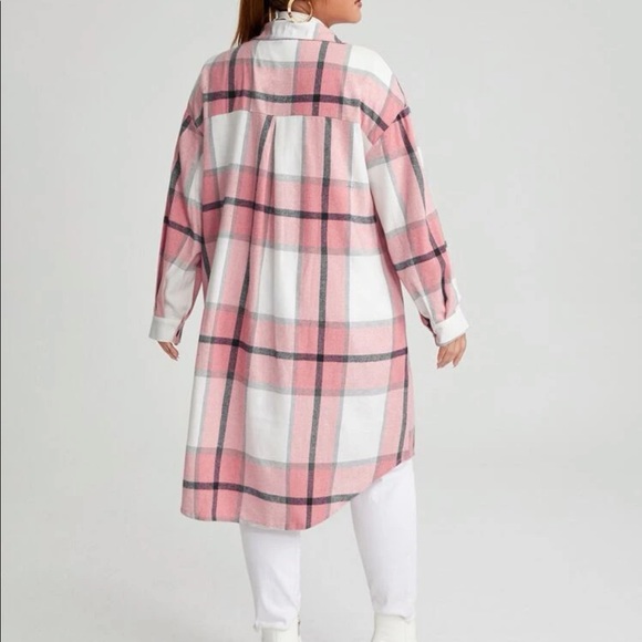 Plus Size Plaid Pocket Light Jacket Shacket Long Shirt Green BELT NOT INCLUDED - Picture 6 of 16